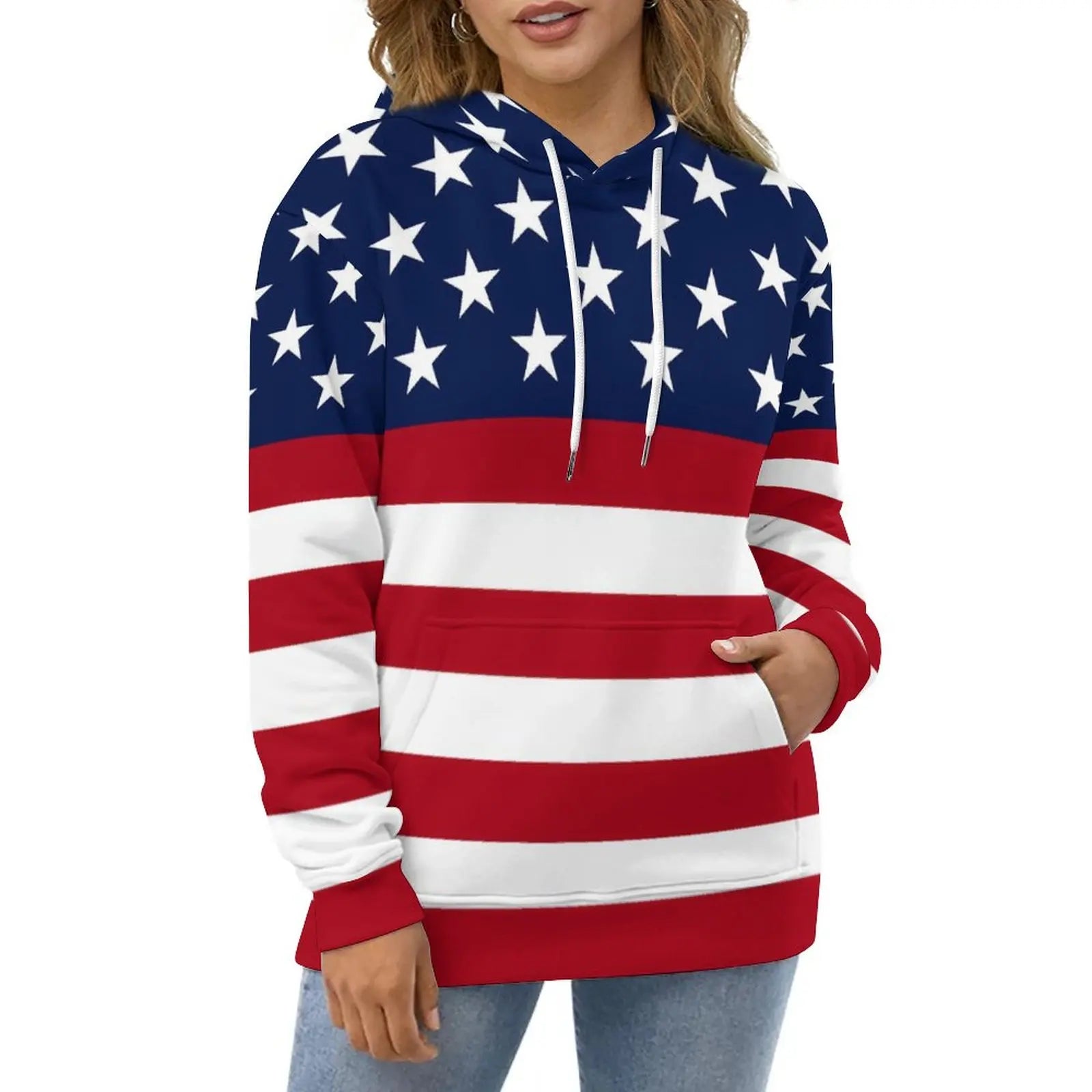 American Flag Hoodies White Stars Print Classic