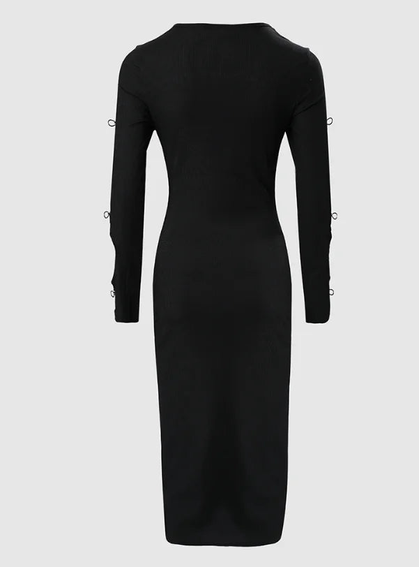 2024 Autumn Black Bow Decor Cutout Long Sleeve Round Neck Bodycon Midi Dress