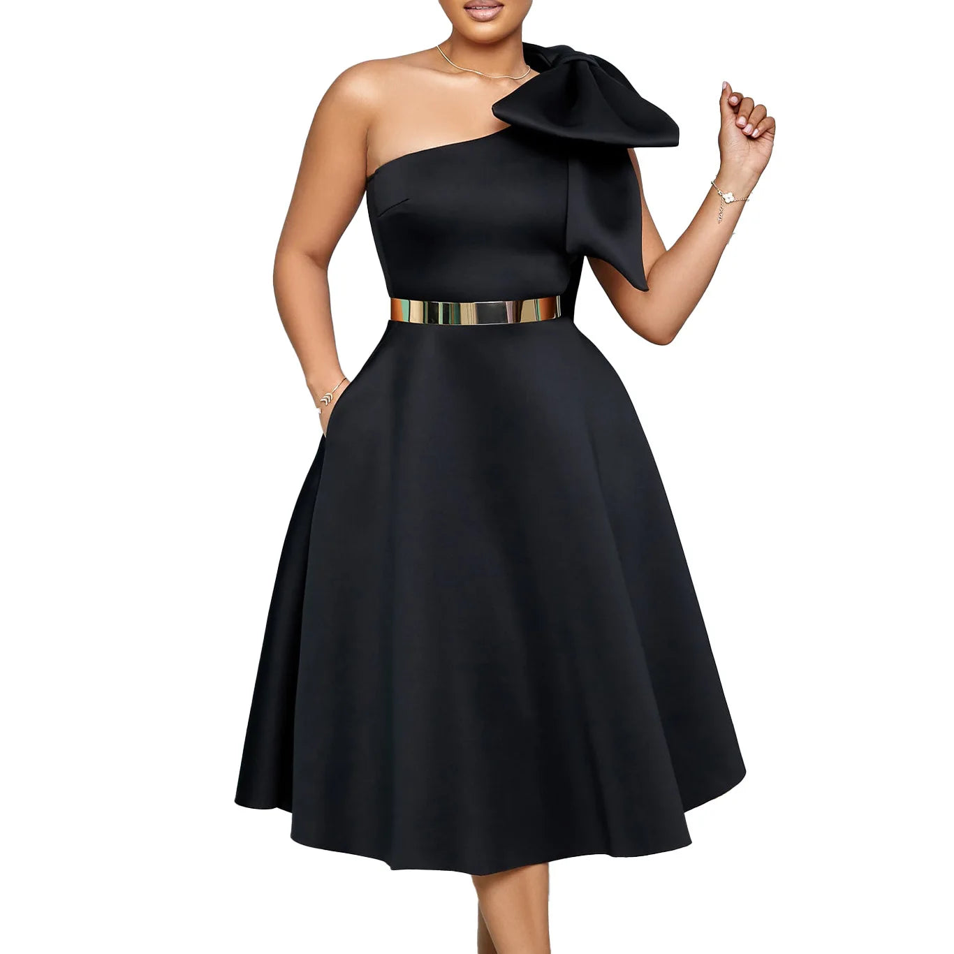 One Shoulder Bow A Line Pleated Dresses