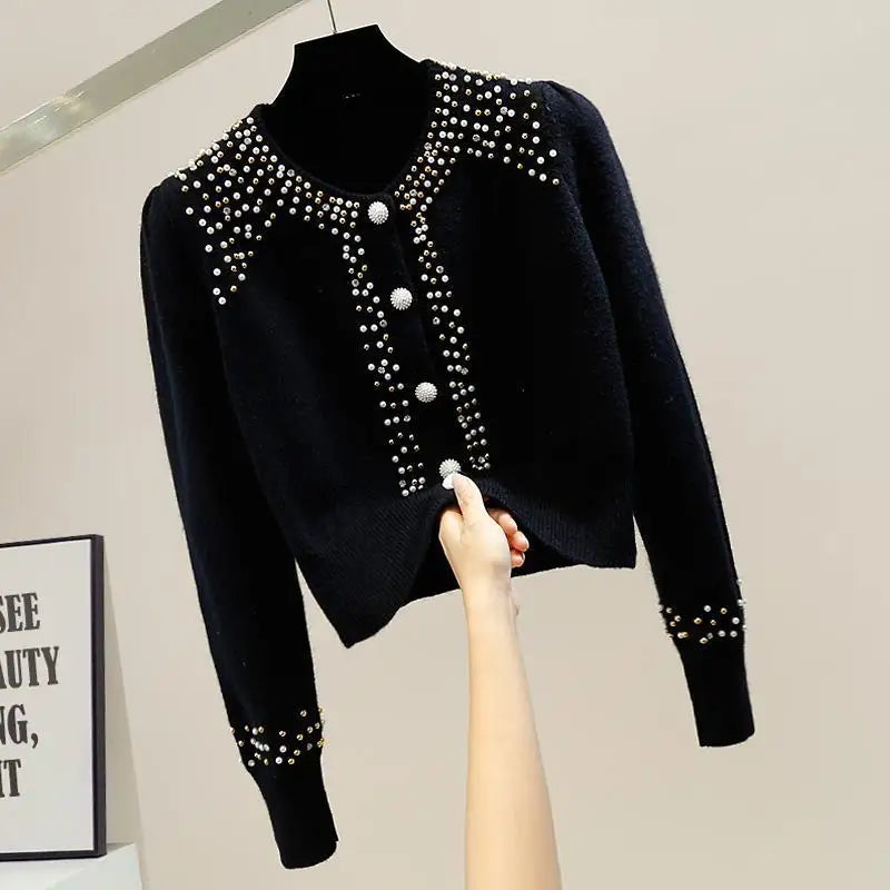 Fashion Spring Autumn New O-Neck Diamonds All-match Solid Casual Long Sleeve Slim Cardigans Sweaters