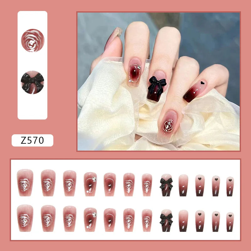 24pcs Artifical Nails Fake Wearable Nail Tips With Small Diamonds