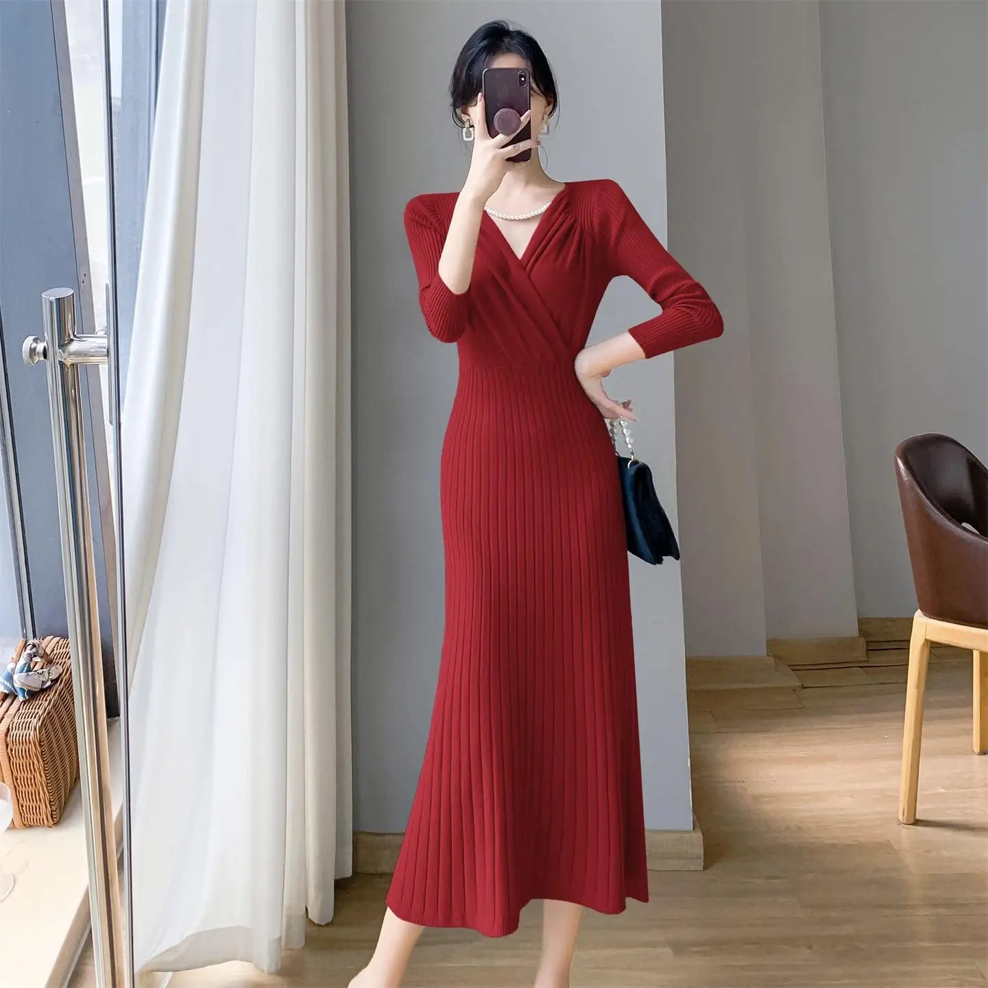 Autumn FLong Sleeve Sweater Knitted Dress