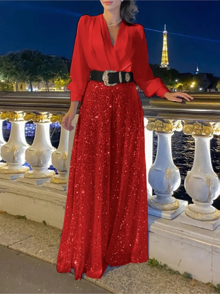 2024 Fall New Fashion V-neck Long Sleeved Shirt Elegant Sexy V-neck Waist Slimming Sequin Wide Leg Jumpsuit Set