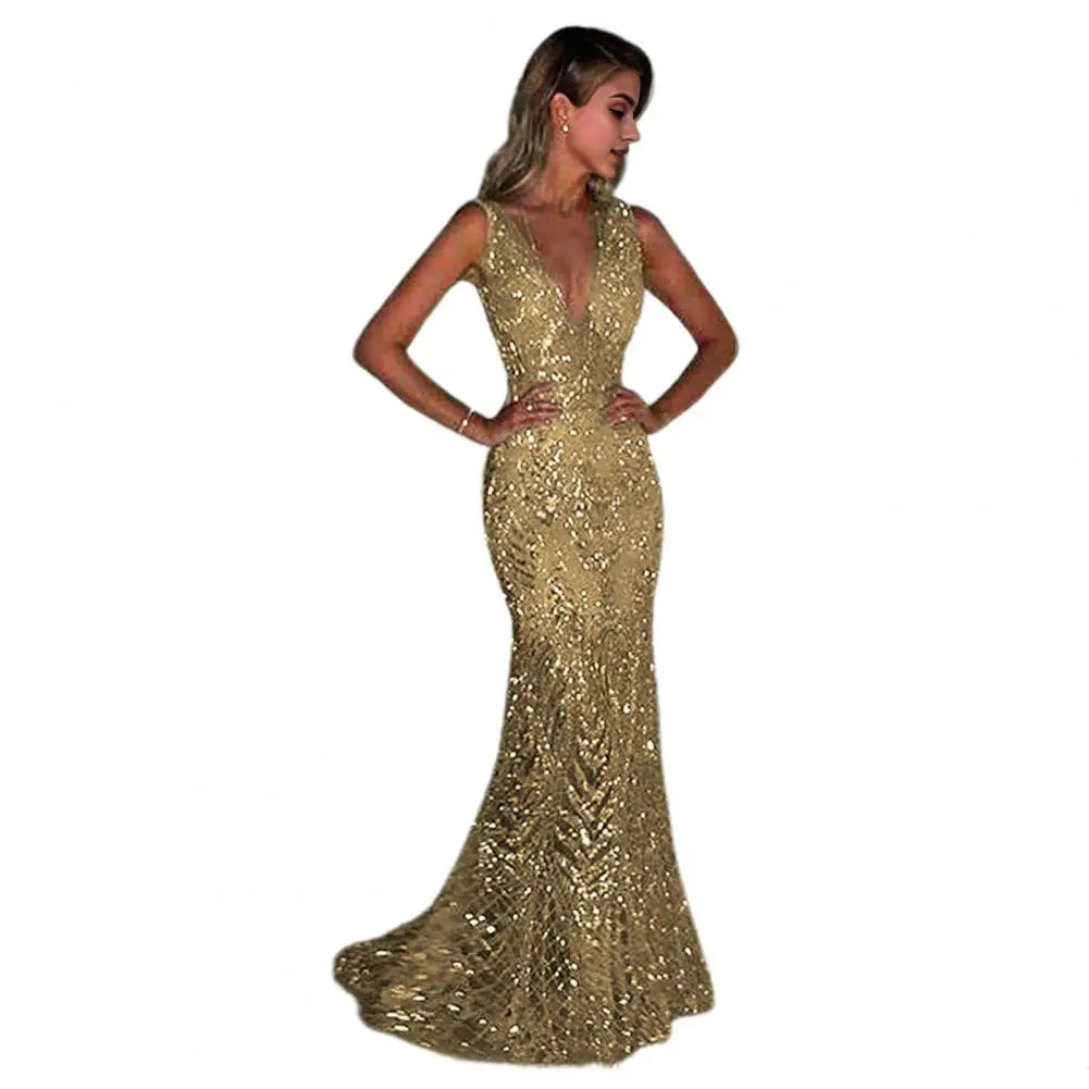 V-neck Long Elegant Sequin Fishtail Evening Gown