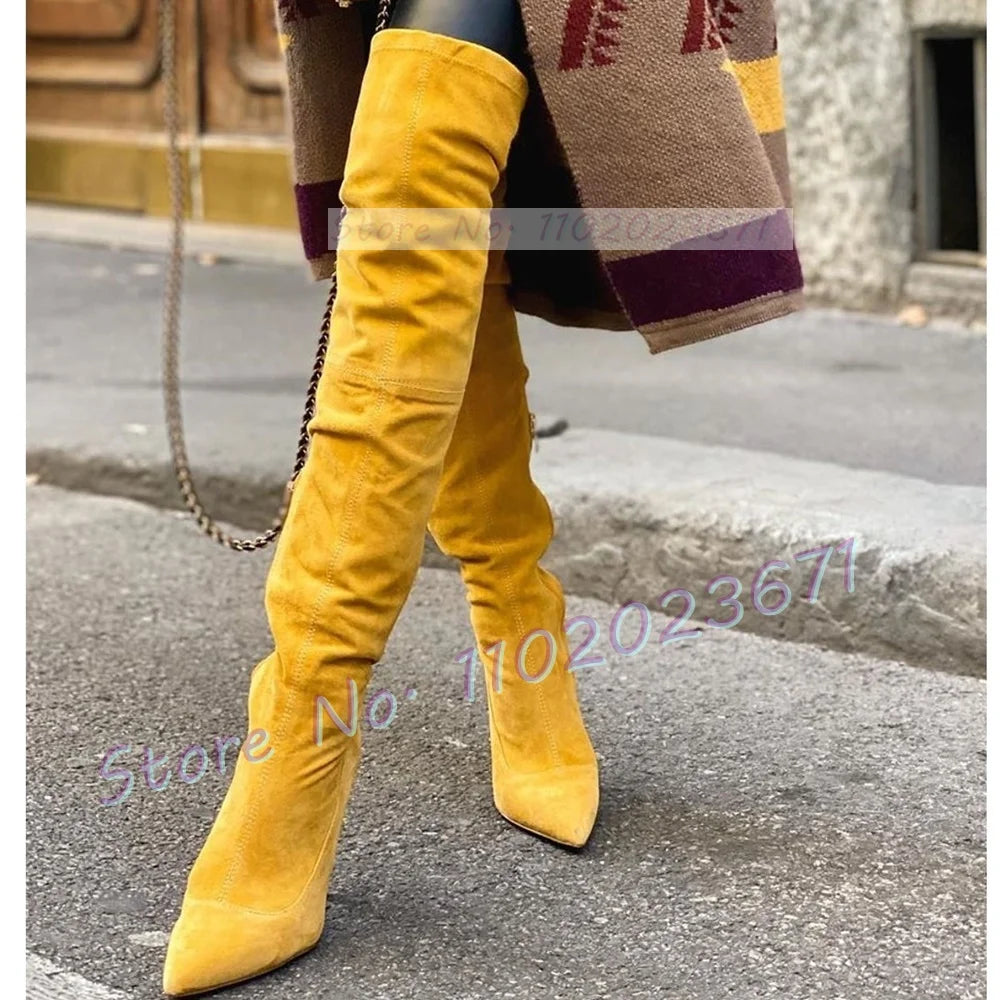 Suede Splicing Vintage Streetwear Pointed Toe Over Knee Boots