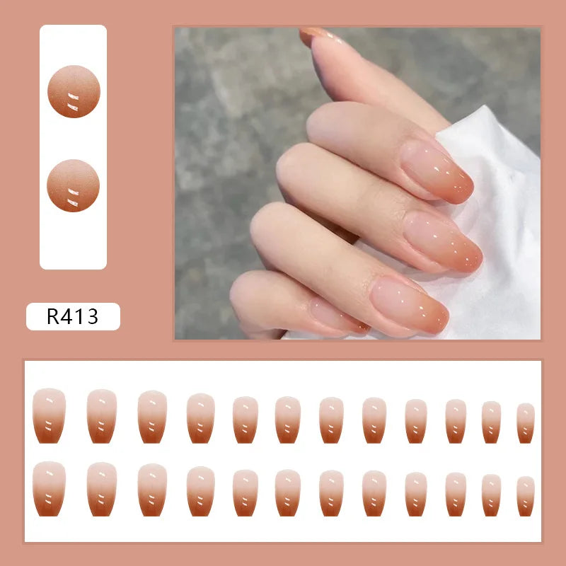 24Pcs French With Drill Short Fake Nails Press On Nail Tips