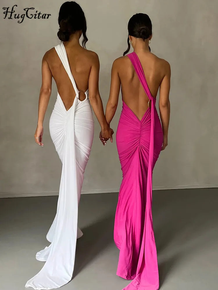 One Shoulder Backless Adjustable Scarf Loop Ruched Sexy Maxi Dress