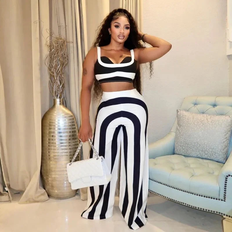 Striped Print  Crop Top and Wide Leg Pants 2 Piece Set