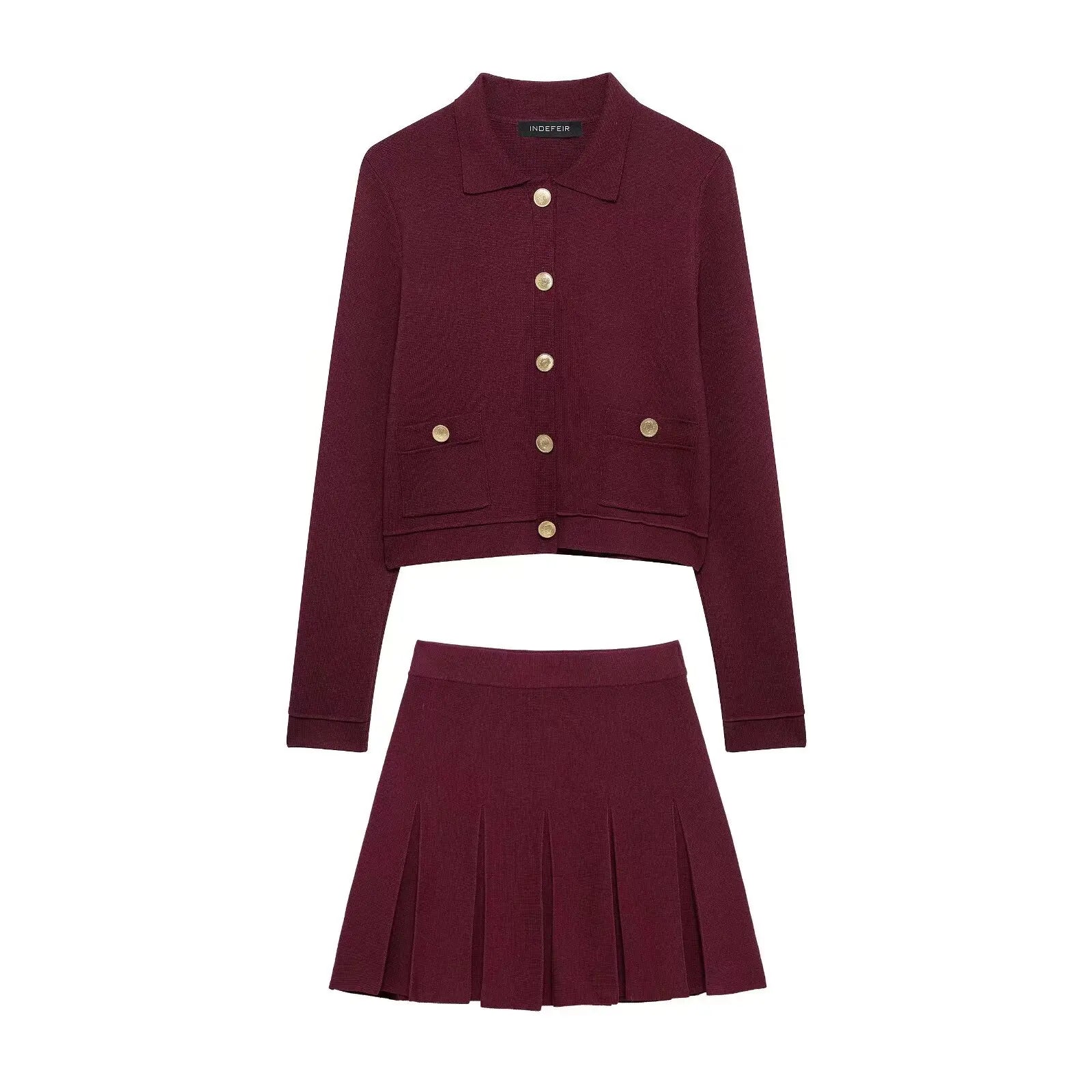 2025 2 Piece Set Long Sleeves Lapel Single Breasted Pockets Cardigan+Casual Elastic Waist Knitted Mini Skirt