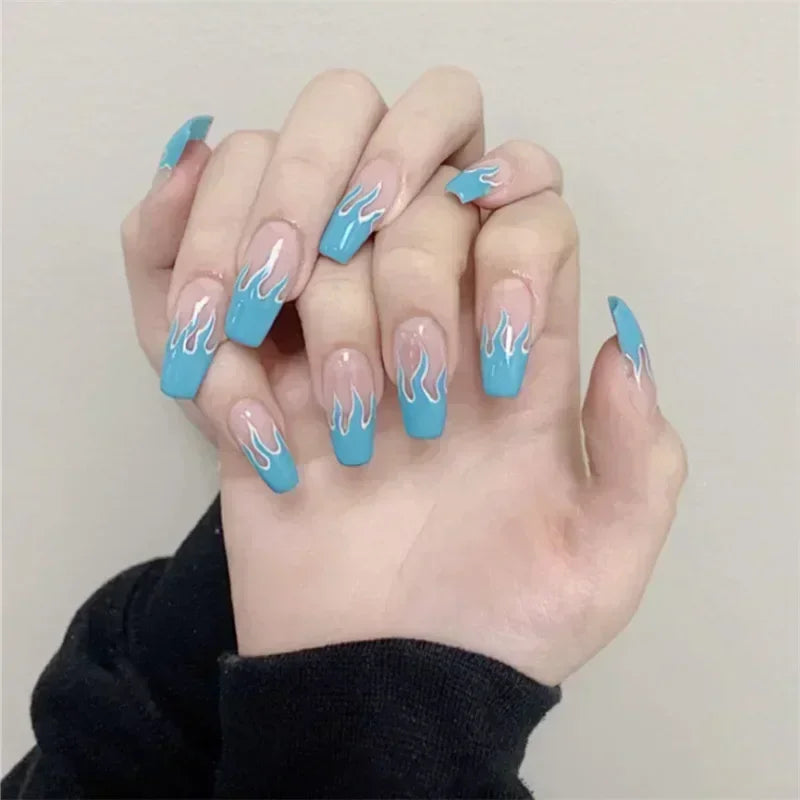 24pcs Blue Heart Coffin False Nails