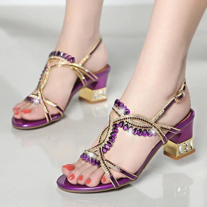 Fashion Open Toe Shining Rhinestone Buckle Thick High Heel Sandals