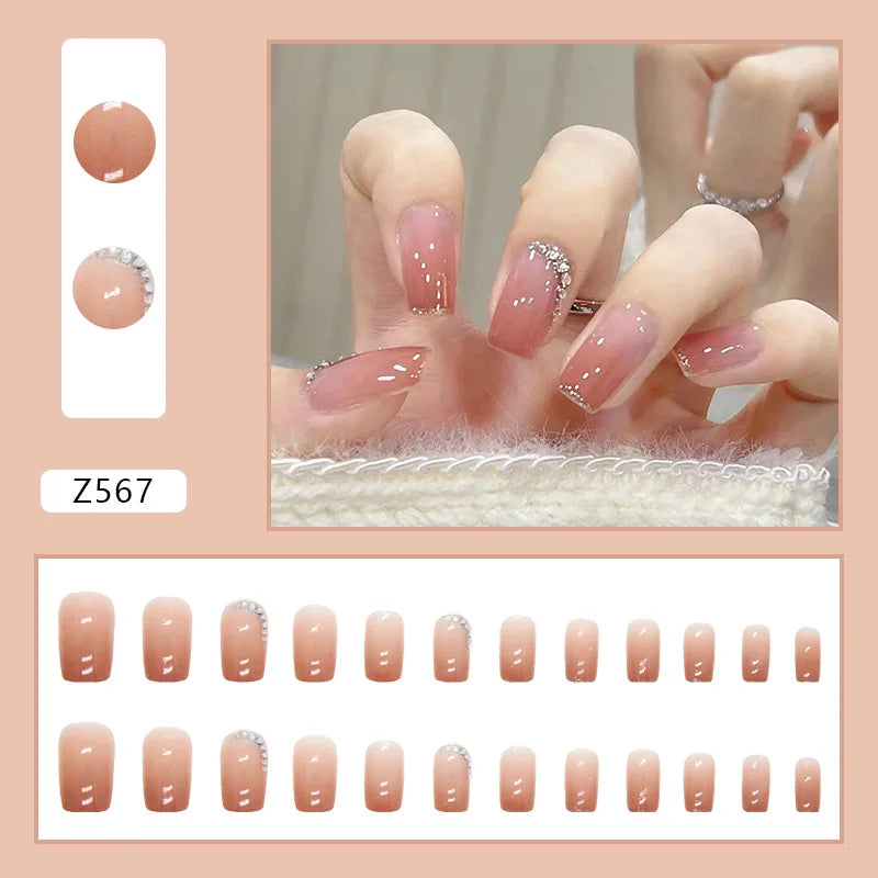 24pcs Artifical Nails Fake Wearable Nail Tips With Small Diamonds