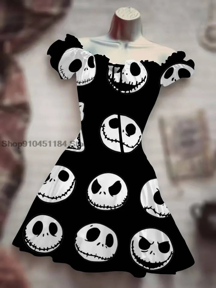 Summer New Drawstring 3D Printing Personalized Halloween Fluffy Sleeves Dress