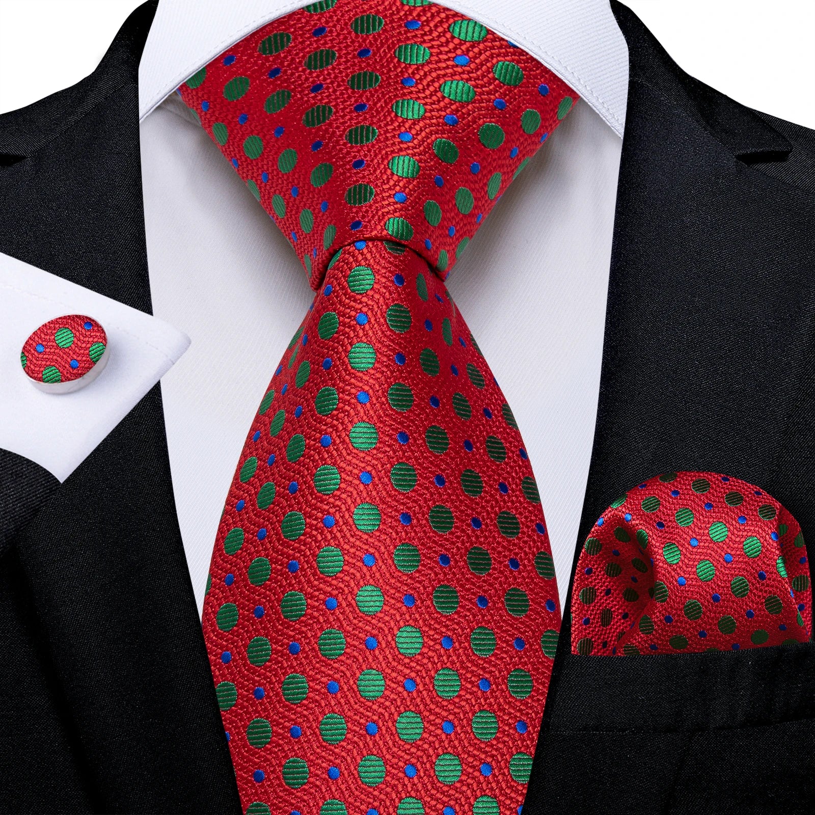 Red  Solid Striped Paisley Neckties Hanky Cufflinks Set For Men