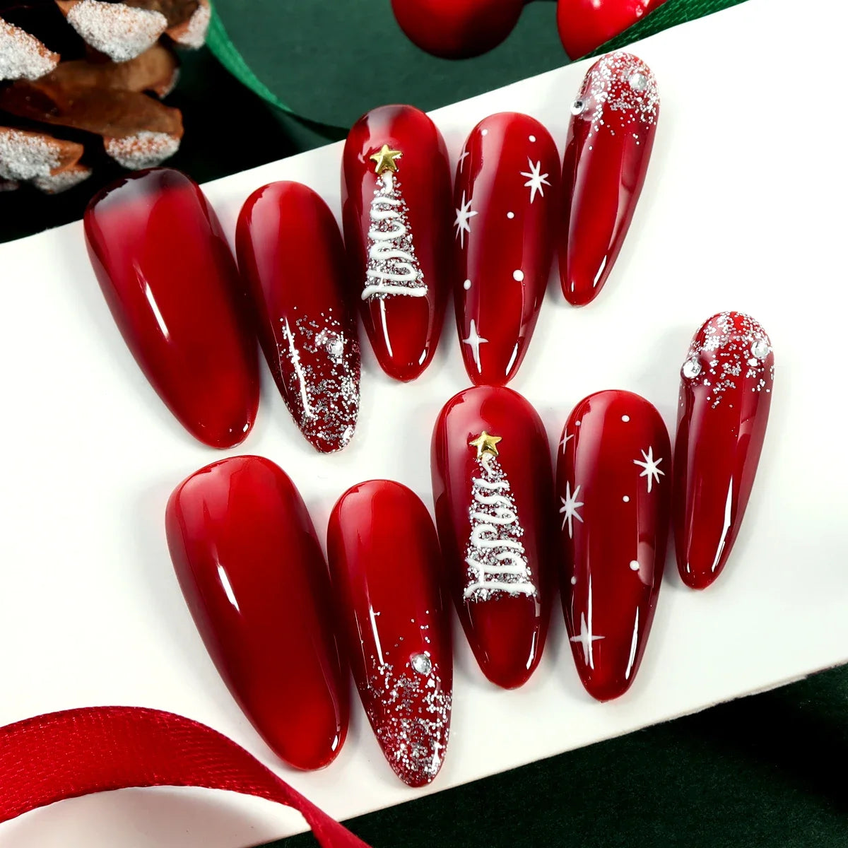 10pcs Christmas Red Glossy Handmade Long Press on Fake Nail