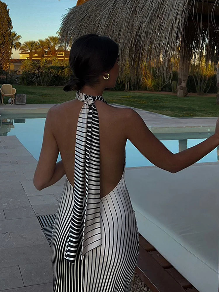 Elegant Striped Sexy Slim Fit Backless Dress