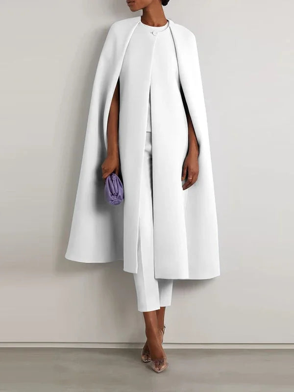 Round Neck Cape Long Coat and High Waist Cropped Pants