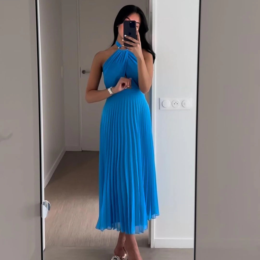 Summer Sexy  Solid  Pleated Elegant Halter Hollow Out Party Dress