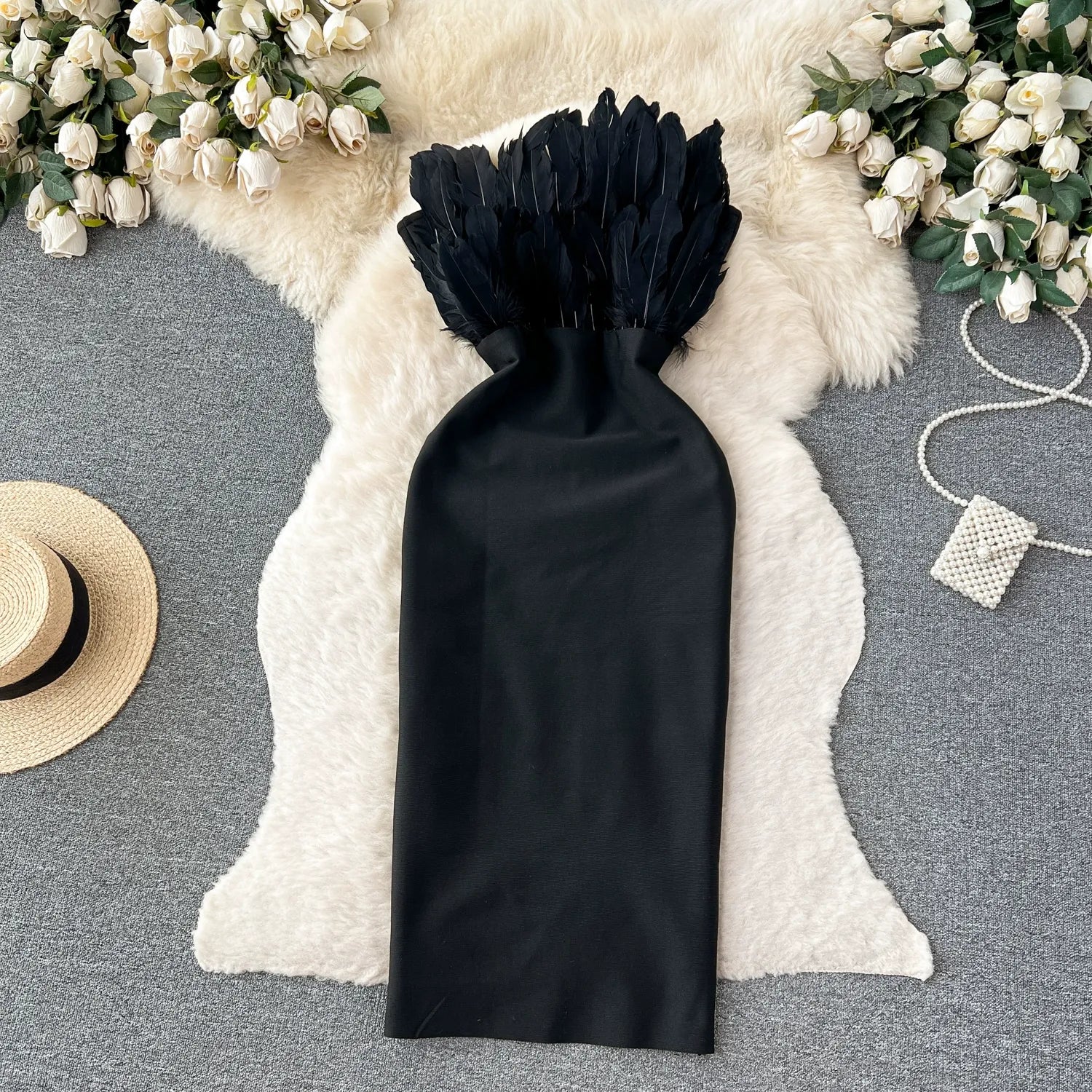 Strapless Off Shoulder Sleeveless Zipper Three Dimensional Feathers Midi Dress