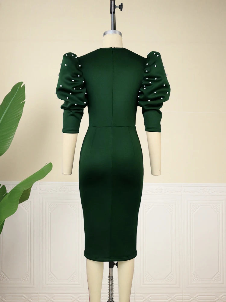 V Neck Half Puff Sleeve Dark Green High Waist Bodycon Midi Dresses