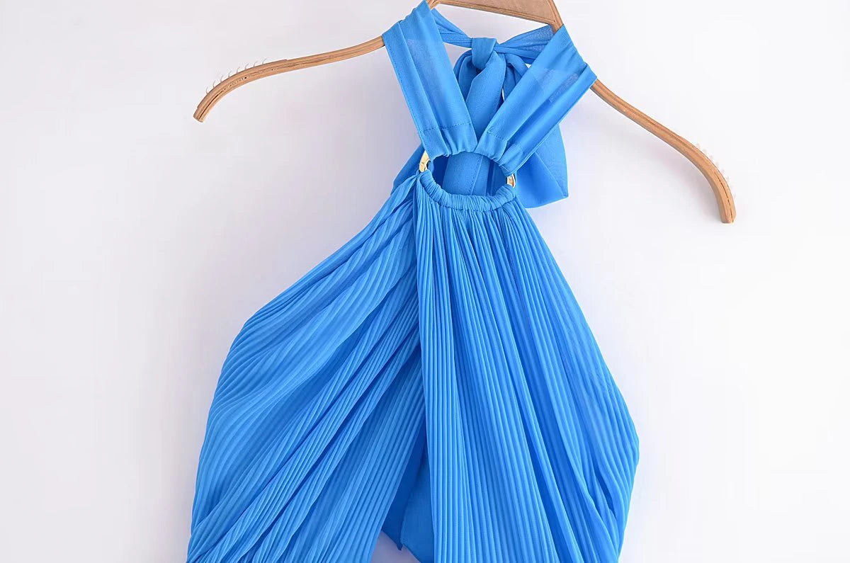 Summer Sexy  Solid  Pleated Elegant Halter Hollow Out Party Dress