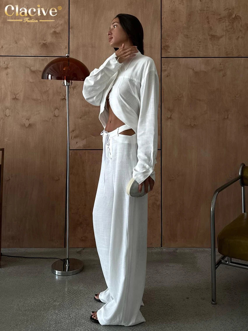 Fashion Loose White Linen 2024 Elegant Long Sleeve Shirt With Mid Waist Wide Pants Set