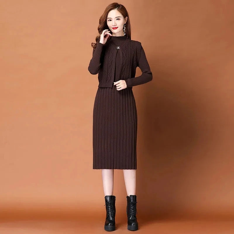 2 Piece Set Cropped Vest + Korean Midi Winter Warm Sweater Dresses