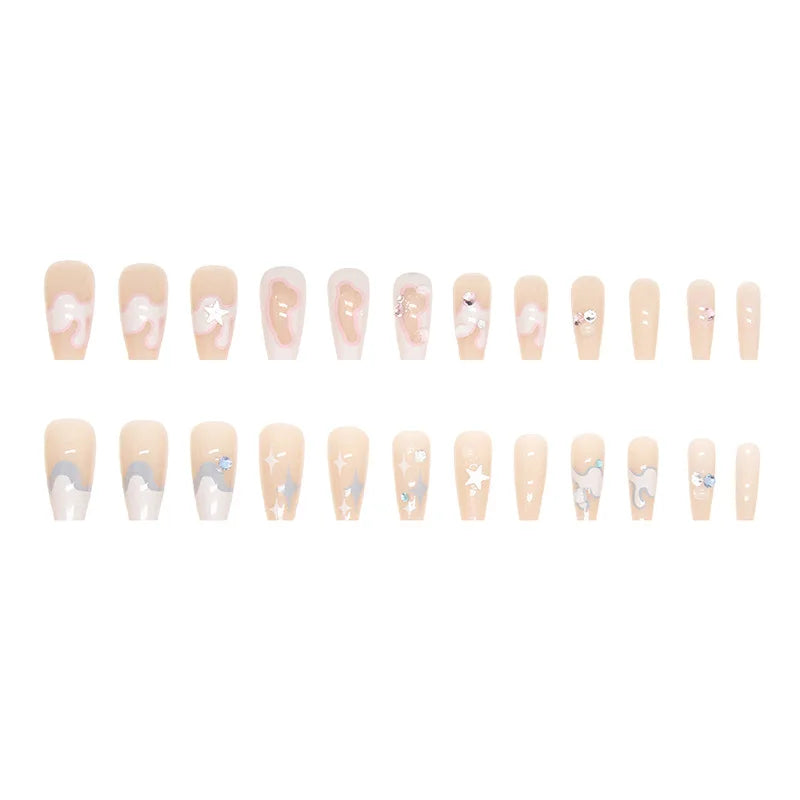 24pcs Artifical Nails Fake Wearable Nail Tips With Small Diamonds