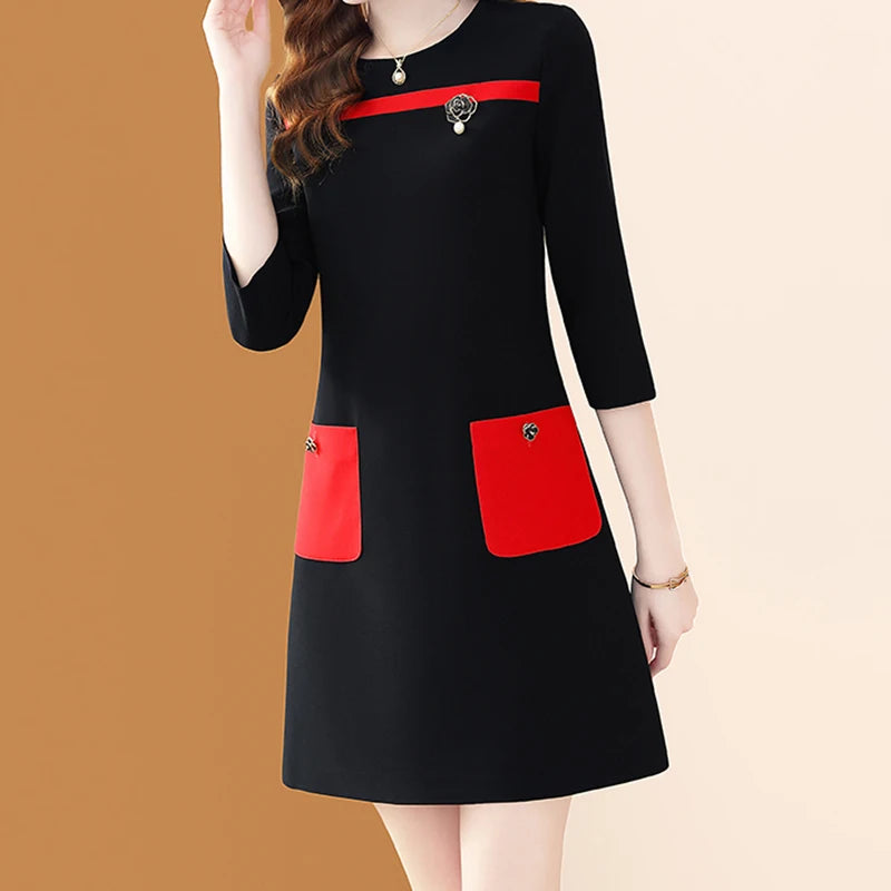 Elegant Patchwork Colour O-neck Pocket Office A-line Dresses