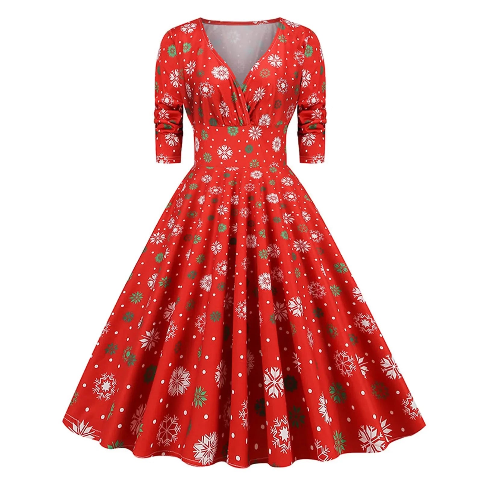 2024 Christmas Deer and Tree Print Christmas Party V-Neck High Waist 50s Vintage Swing Dresses