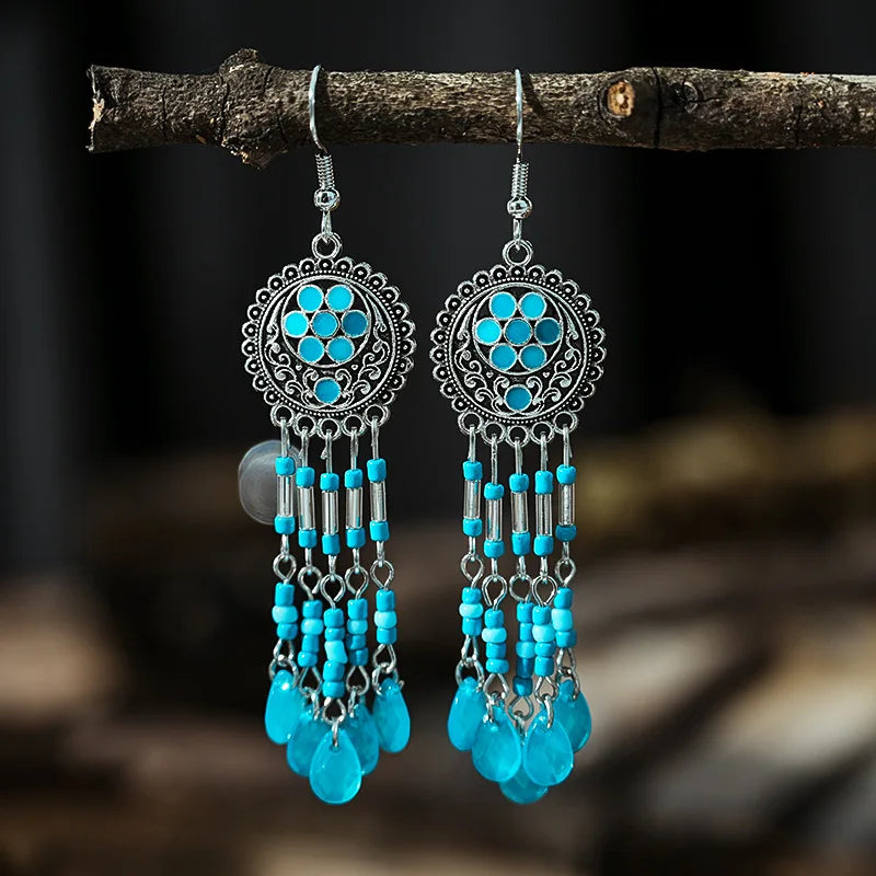 Bohemian Ethnic Long Blue Acrylic Crystal Water Drop Earrings