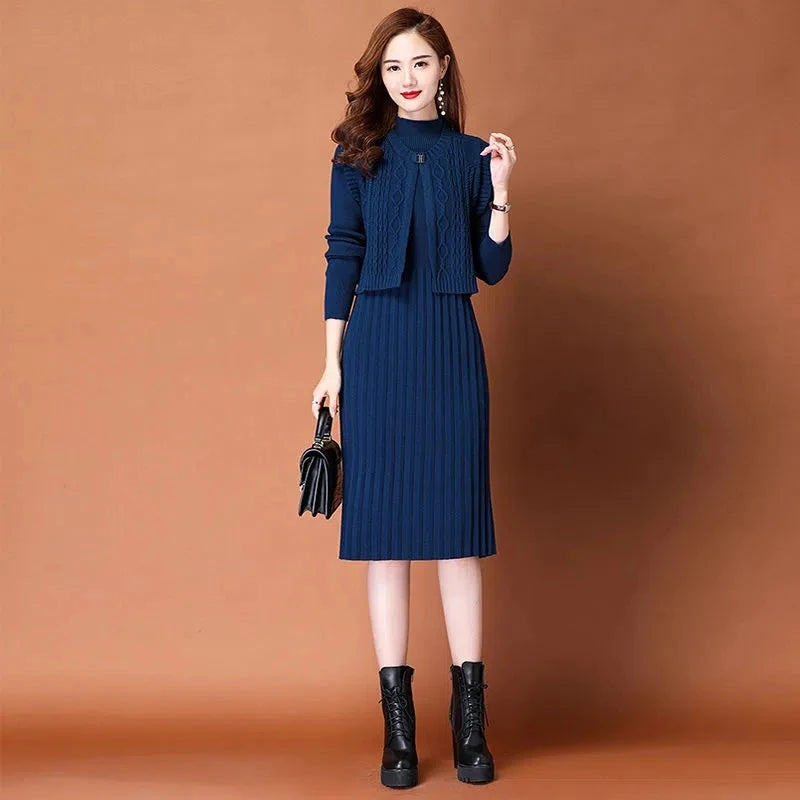 2 Piece Set Cropped Vest + Korean Midi Winter Warm Sweater Dresses