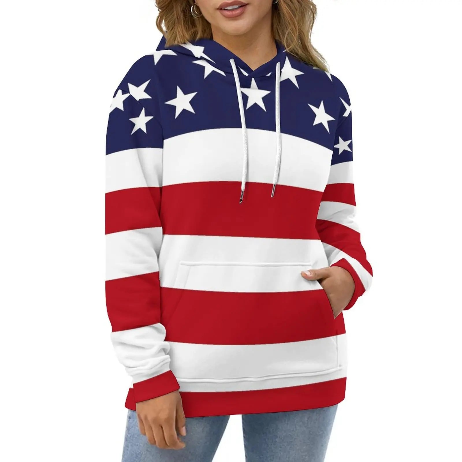 American Flag Hoodies White Stars Print Classic