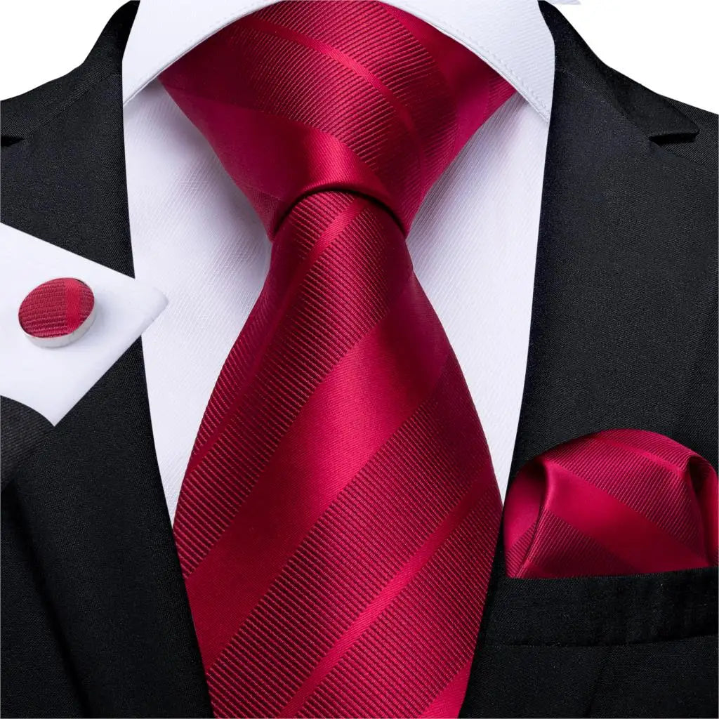 Red  Solid Striped Paisley Neckties Hanky Cufflinks Set For Men