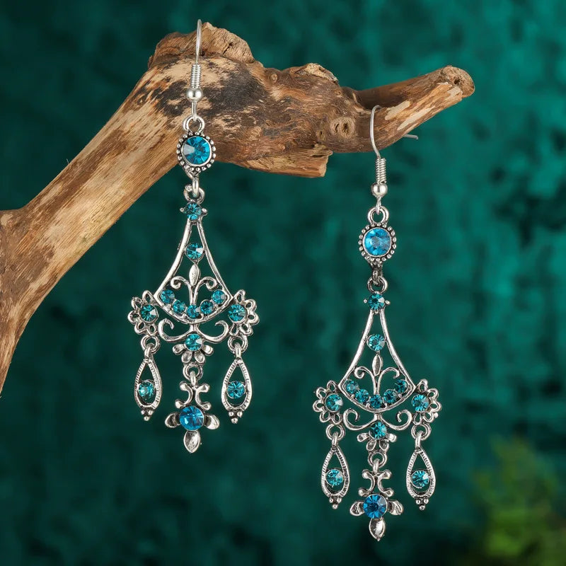 Bohemian Ethnic Long Blue Acrylic Crystal Water Drop Earrings