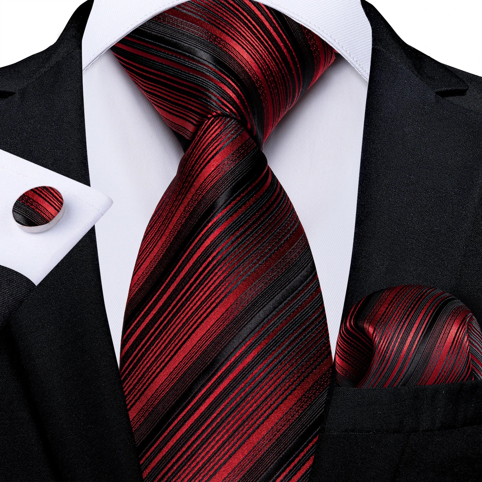 Red  Solid Striped Paisley Neckties Hanky Cufflinks Set For Men