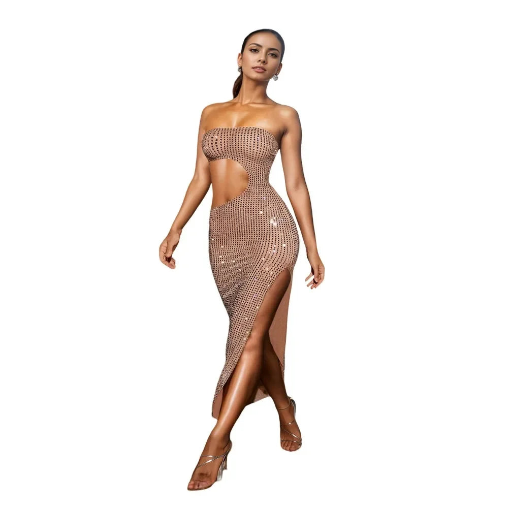 Fashion Luxury Rhinestones Hollow Out Off Shoulder Backless Bodycon Slit Evening Party Dress