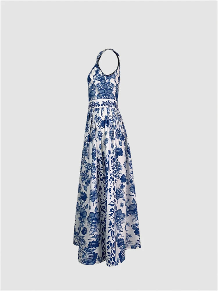 2024 Summer Sleeveless Vintage Blue Flower Printed Lapel A-Line Dress