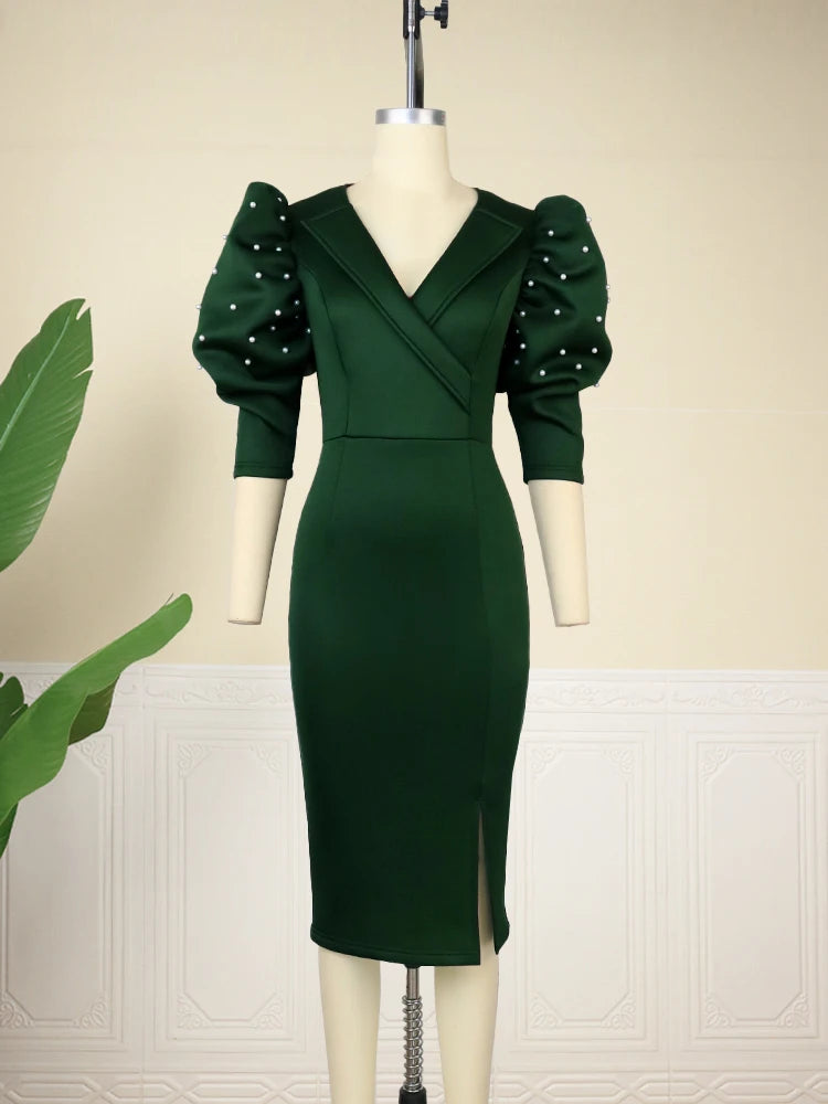 V Neck Half Puff Sleeve Dark Green High Waist Bodycon Midi Dresses