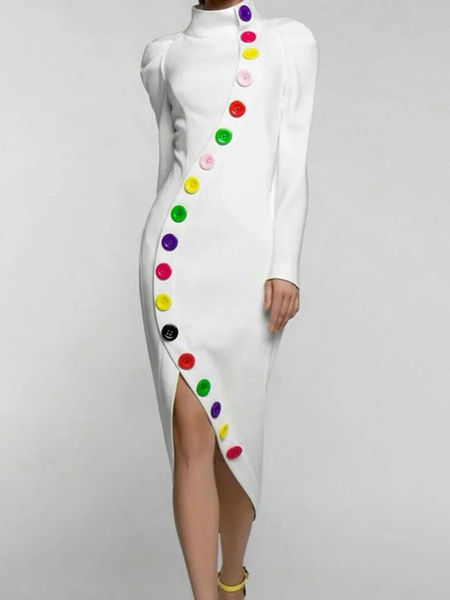 2024 Fall High Neck Puff Sleeves Colorful Buttoned Slim Fit Dress