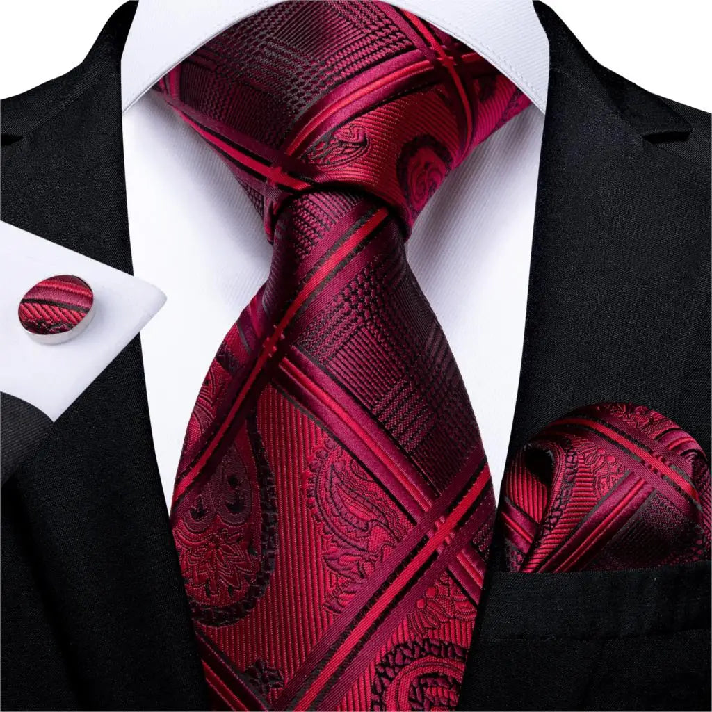 Red  Solid Striped Paisley Neckties Hanky Cufflinks Set For Men