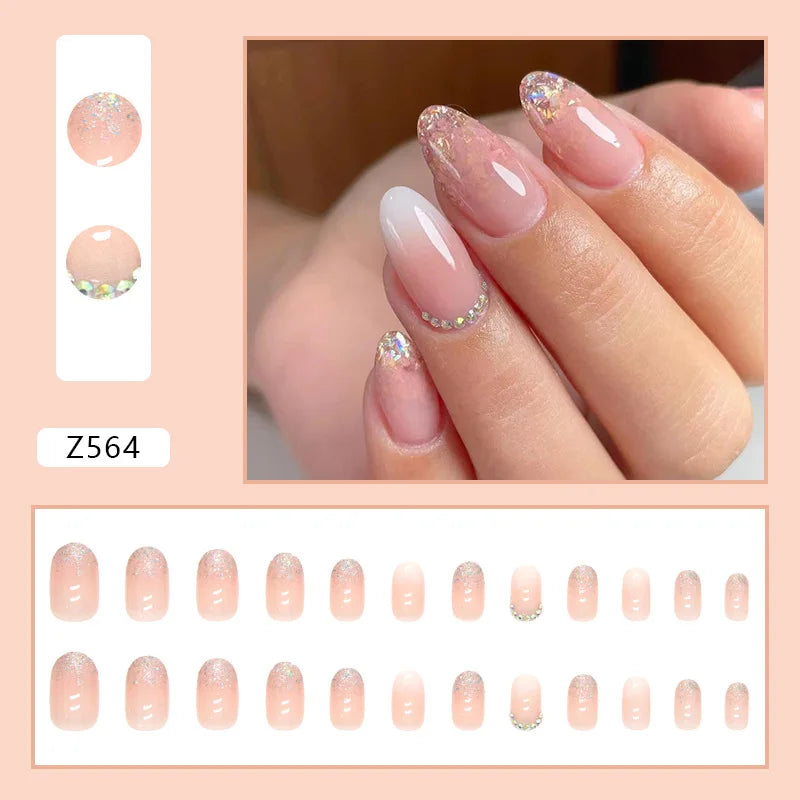 24pcs Artifical Nails Fake Wearable Nail Tips With Small Diamonds