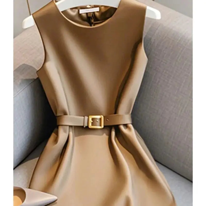 Summer New Fashion Solid Color O-Neck Sleeveless High Waist Dress With Belt