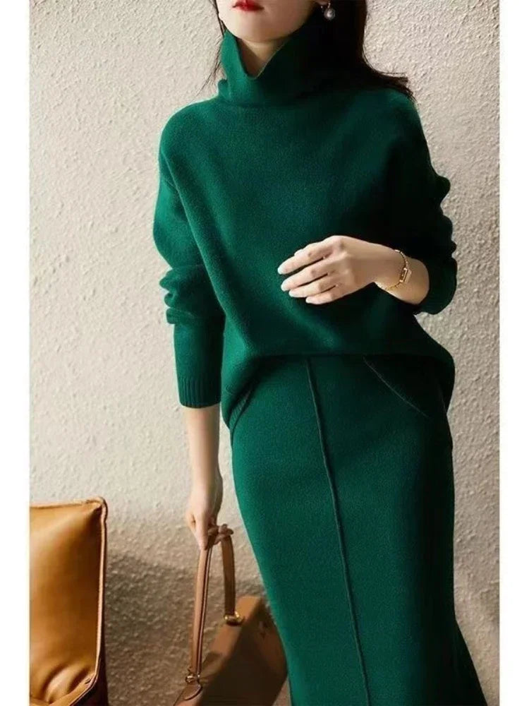 Autumn High Neck Knit Loose Sweater Skirt Sets