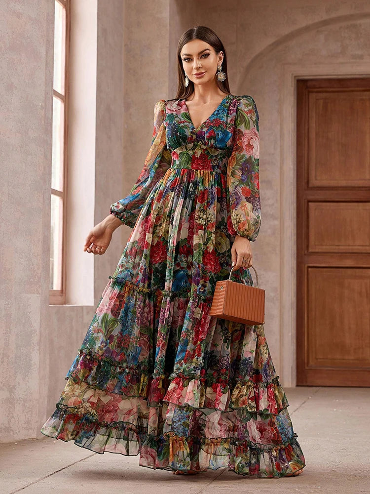 Vintage Floral Print Long Sleeve Frill Trim Summer Maxi Dress