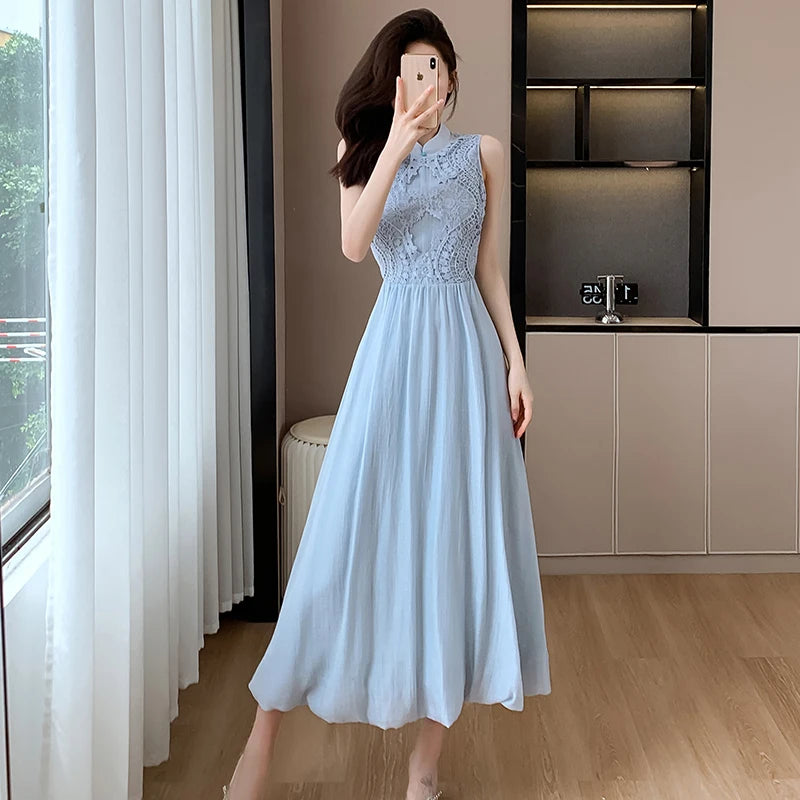 Elegant Chinese Style New Summer Blue Lace Patchwork Midi Dress