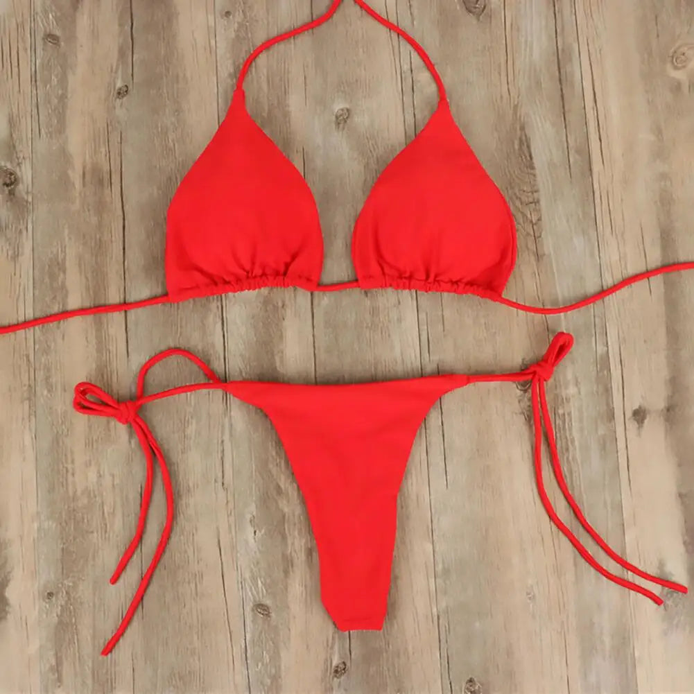 2Pcs/Set Solid Color Halter Neck Strap Thong  Swimsuit Set for Beach