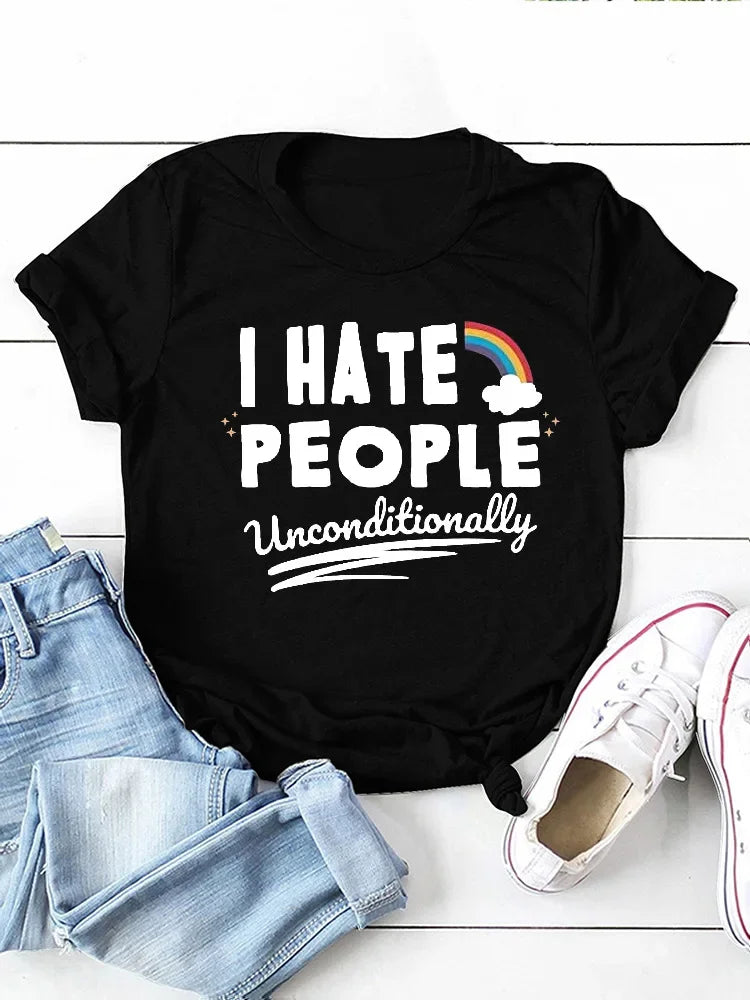 I Hate People Rainbow Print Women  Short Sleeve O Neck T Shirt