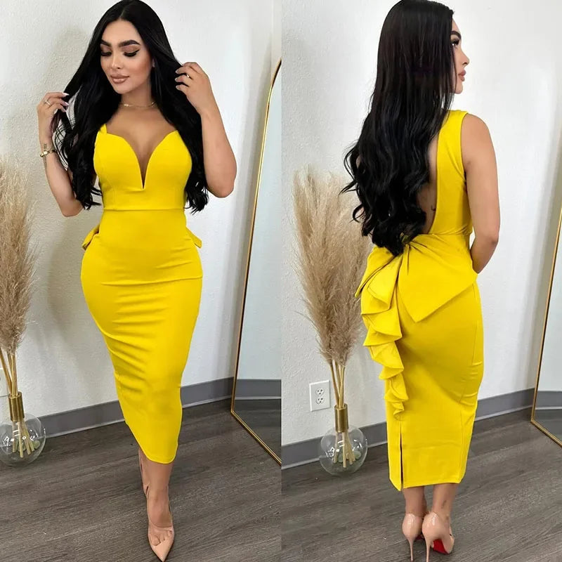 Sexy Plunging V-neck Backless Bowknot Ruffles Bodycon Midi Dresses