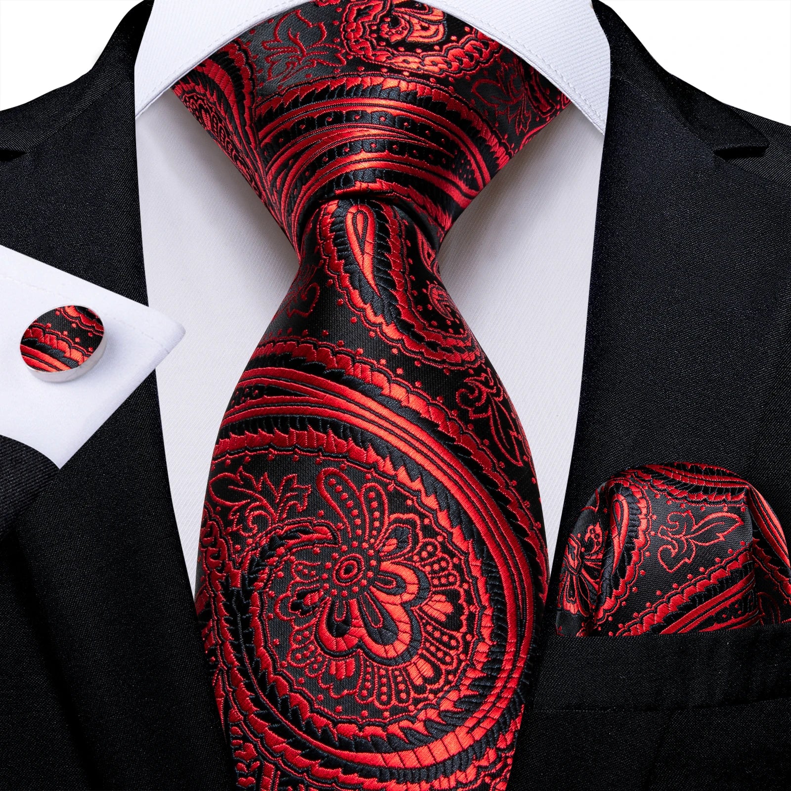 Red  Solid Striped Paisley Neckties Hanky Cufflinks Set For Men